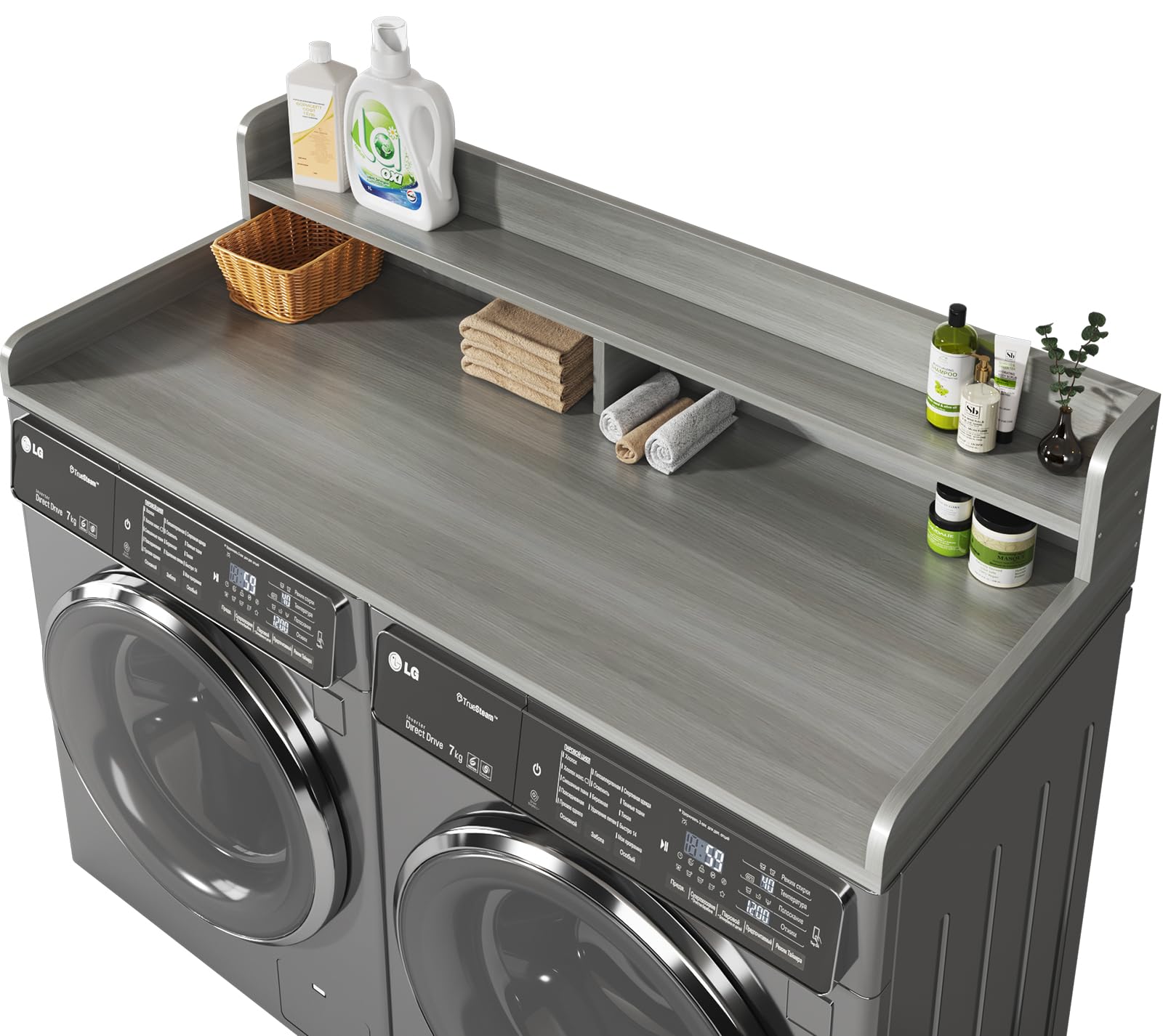Photo 1 of 2-Tier Washer and Dryer Countertop with 2.75" H Guard,58" W x 28" D Laundry Countertop Cover with Non-Slip Pad,Large Space Laundry Topper for Folding Clothes Over Washer and Dryer-Stripe Gray