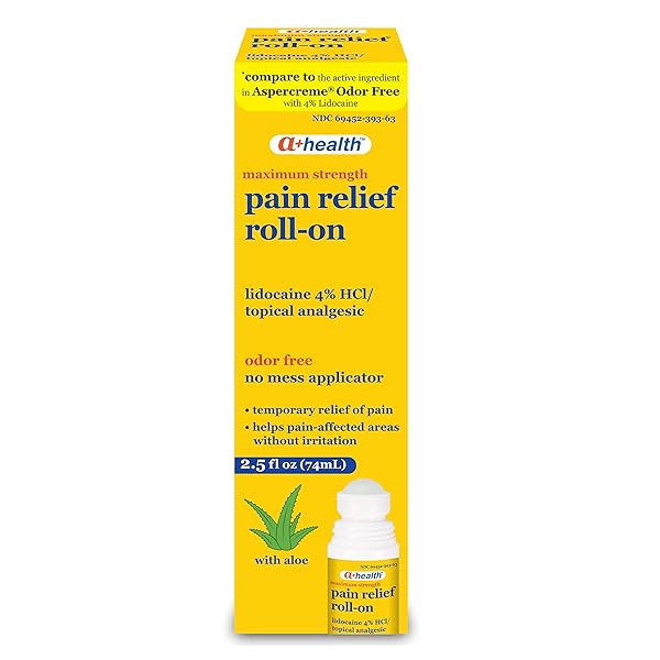 A+HEALTH PAIN RELIEF ROLL-ON LIQUID, LIDOCAINE 4%, ODOR FREE, MAXIMUM STRENGTH PAIN + ITCH RELIEF WITH ALOE, MADE IN USA, 2.5 FL OUNCES