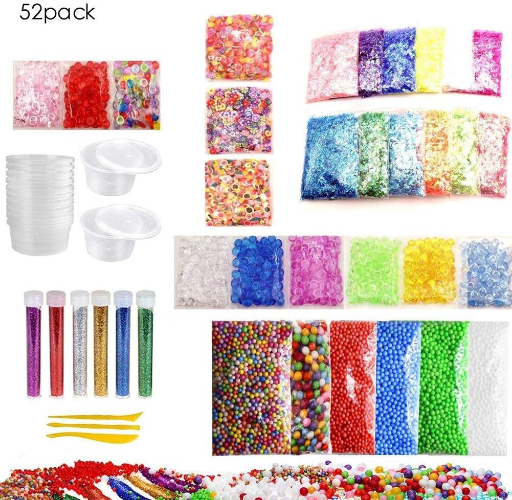 iShine 52 Pack Slime Making Kit, Including Colorful Foam Ball, Beads, Glitter Jars, Fruit Slices, Colorful Sugar Paper Accessories DIY Handmade Craft Slime