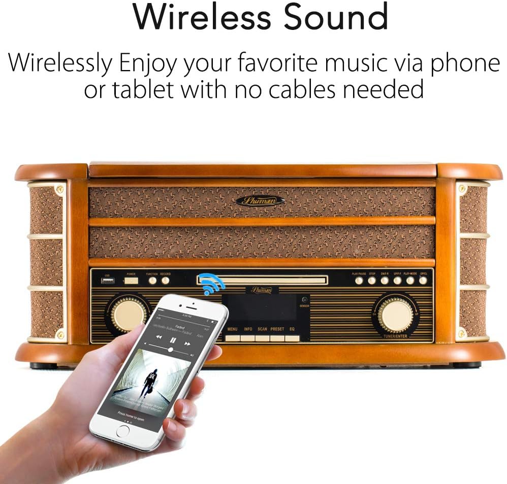 Shuman Vintage 9-in-1 Wireless Music Centre with Remote Control, DAB Digital/FM Radio, 3-Speed Turntable, CD/Cassette Player - Image 4