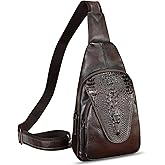FEIGITOR Genuine Leather Sling Bag Embossed Crocodile Pattern Leather Crossbody Sling Backpack Handmade Chest Purse Daypack (Coffee)