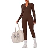 OLCHEE Womens Long Sleeve Workout Jumpsuit Seamless Ribbed Tummy Control Yoga Bodycon Zip Up One Piece Unitard Sculpt Rompers