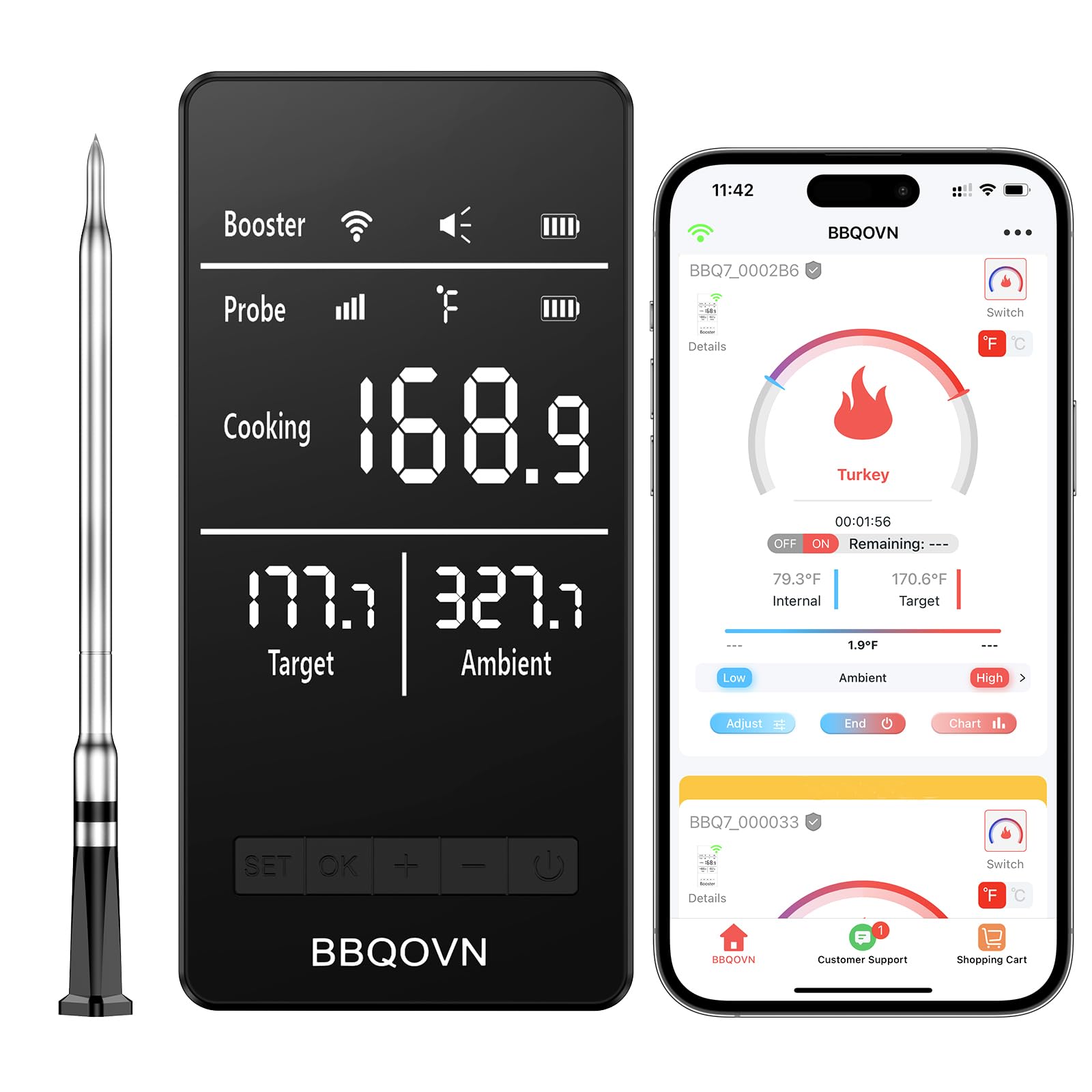 Photo 1 of Smart WiFi Wireless Meat Thermometer Unlimited Range 7 NIST Cert.Sensors Accuracy ±0.5°F Sub-1G (10X Stronger Than Bluetooth) APP&Digital Base,Monitor for BBQ, Grill,Oven, Smoker(1, Black, Small)