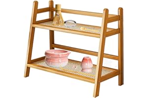 Rattan Look Kitchen Countertop Organizer - 2-Tier Desktop Shelf Rack for Matcha Tools, Bathroom, Desk Accessories Storage, Ho