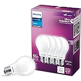 PHILIPS LED 60W A19 4-Pack Ultra Definition Daylight (5000K) 800 Lumen (8W = 60W) Dimmable Frosted Flicker-Free Light Bulbs