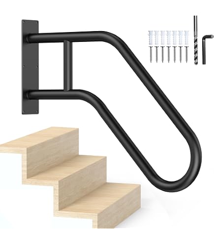 Railing For Stairs SELEWARE Heavy Duty Handrails For Outdoor 1-4 Step, Non- Slip Door Jamb Corner Wall Mount Stair Hand Railing Grab Bars, U-Shape Safety Handle For Garage, Porch, Garden (Right Handed, Dia