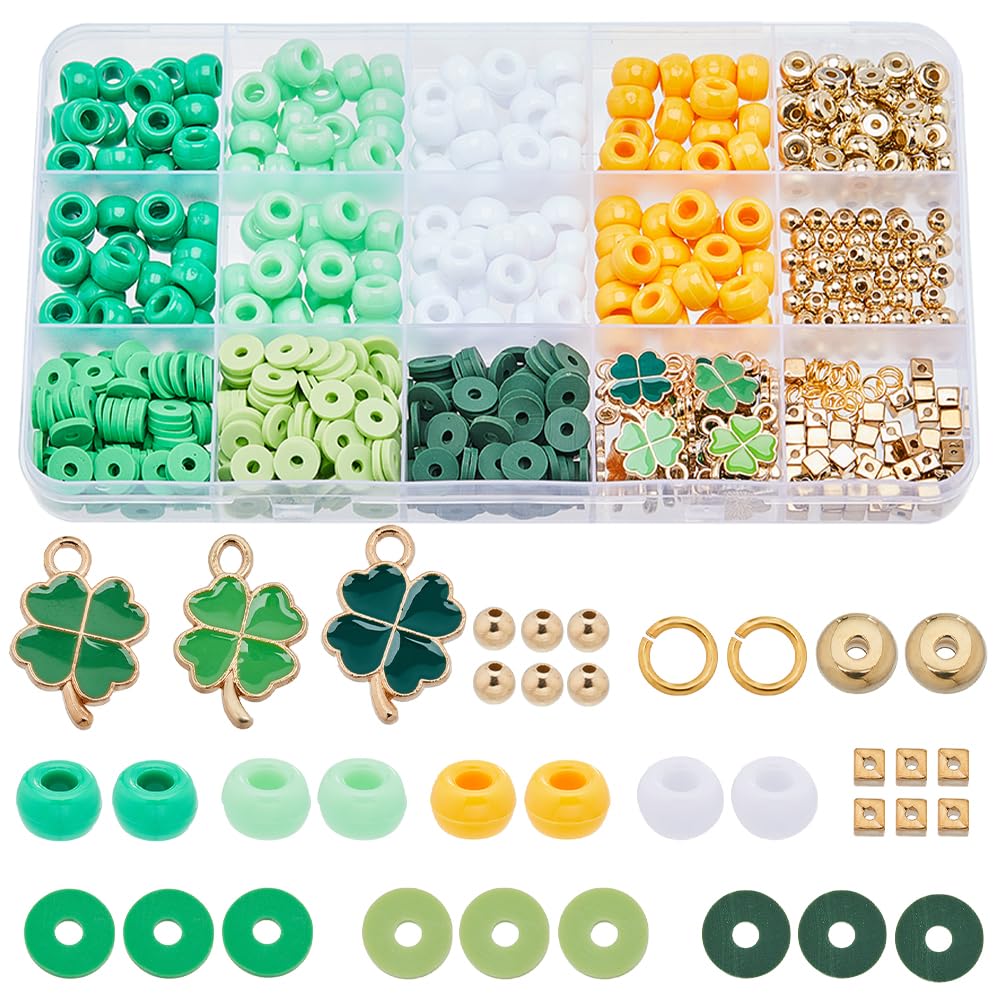 SUNNYCLUE 961Pcs St Patrick's Day Charms 8mm Pony Beads Round Opaque Polymer Clay Heishi Flat Disc Beads Enamel Four Leaf Clover Irish Shamrock Charm Golden Loose Spacers for Jewelry Making Kits — image 1