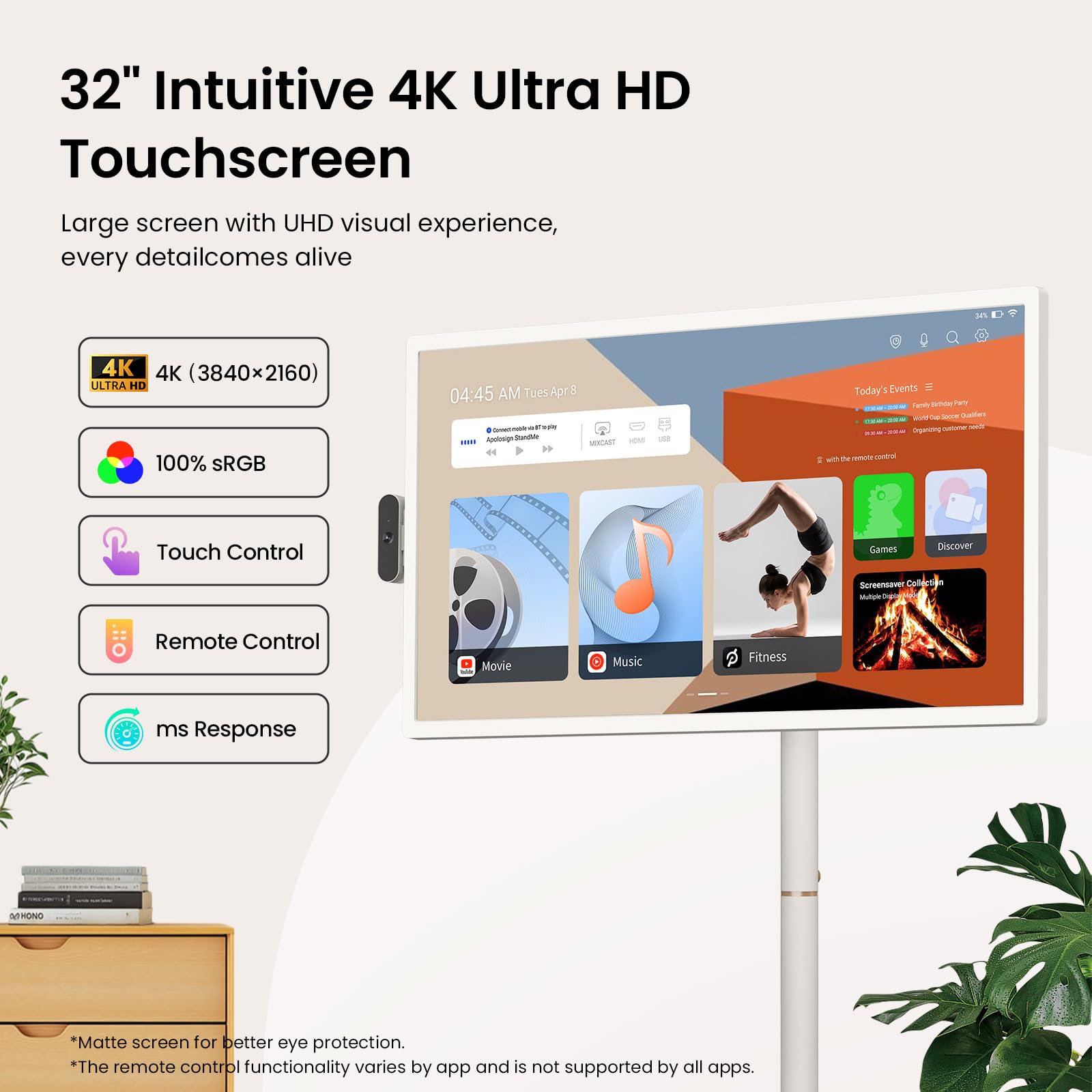 ApoloSign 32'' UHD 4K Smart Portable TV 2nd Gen, 16(8+8) GB RAM+256GB, Android 15, EDLA-Certified, Portable Touch Screen Monitor, Built-in 15000mAh Battery, Full Swivel Rotation, Voice Remote Control
