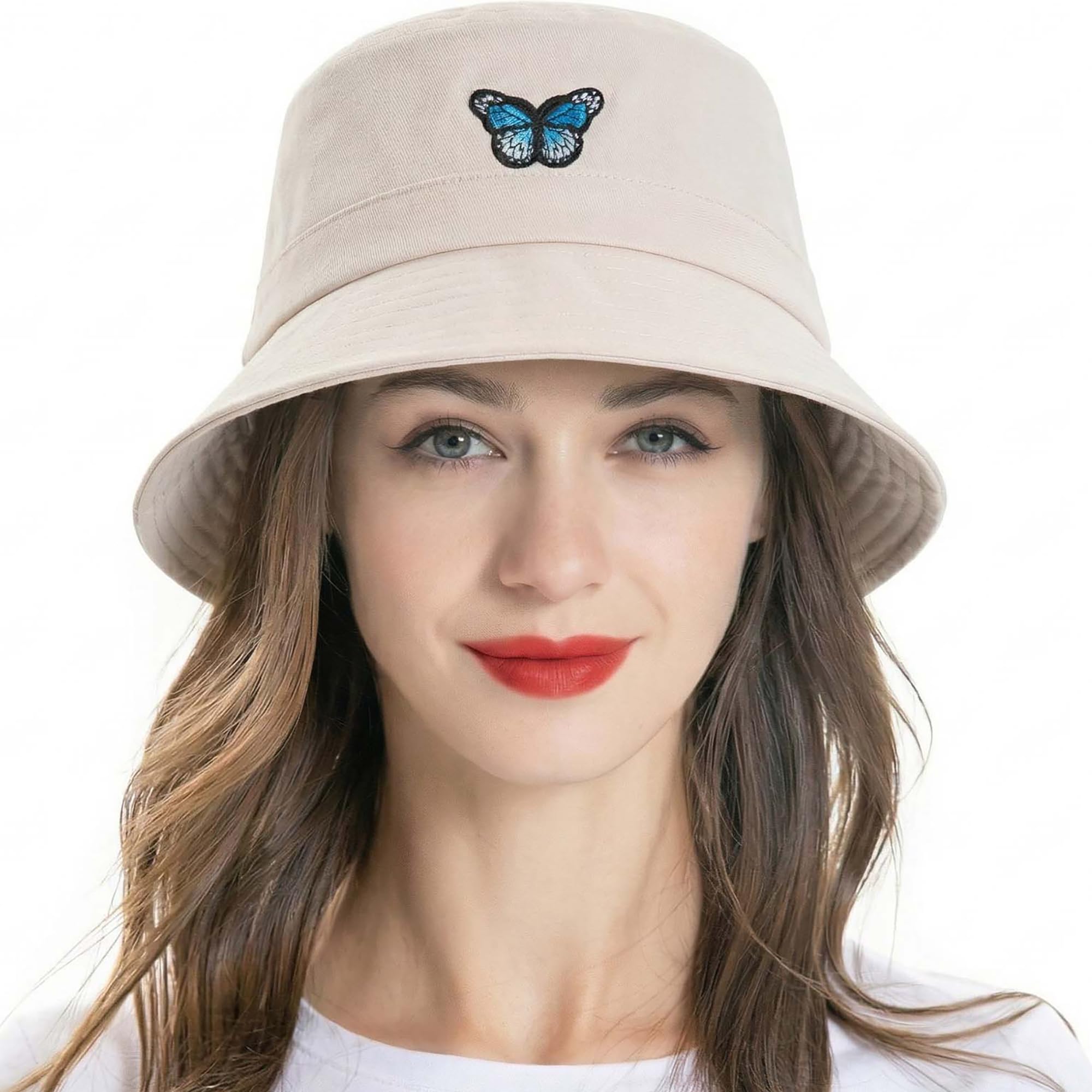 ZLYC Women Men Bucket Hat Embroidered Sun Fishing Hats Summer Outdoor Hat(Butterfly Beige),One Size