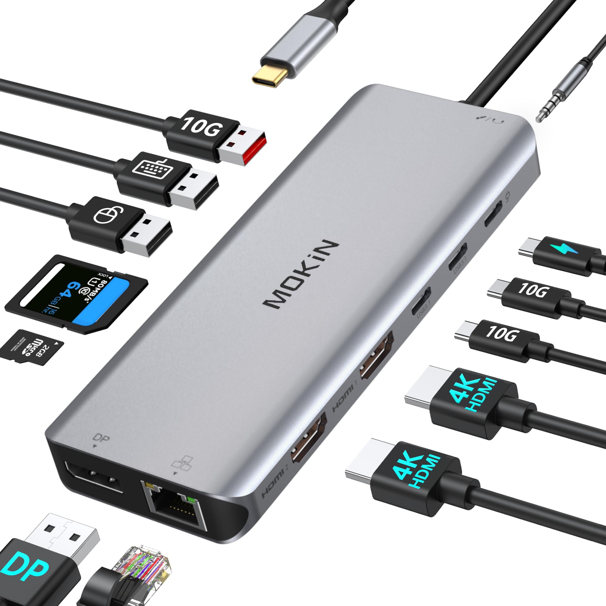 Dell Surface HP USB C Docking Station - 2x 4K HDMI DisplayPort, Dual Monitor Adapter, RJ45, 5x USB C/A, Audio, SD/microSD, 10Gbps Data Transfer