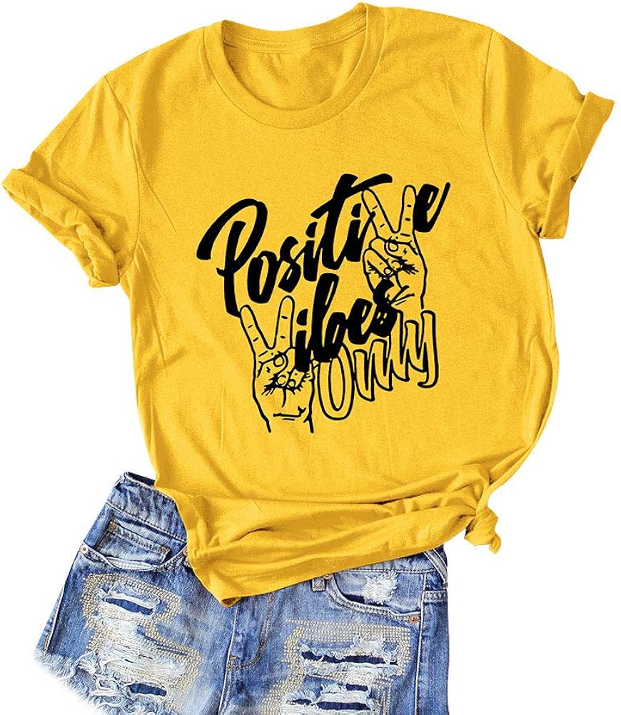 Nlife Women Positive Vibes Letter Victory Sign Short Sleeve Casual Tee Shirts