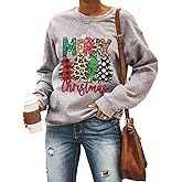 RETSUGO Womens Merry Christmas Sweatshirt Funny Christmas Tree Truck Graphic Pullover Casual Blouse Tops