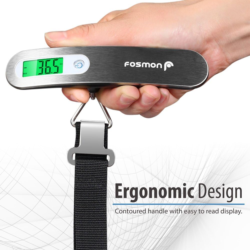  | Fosmon Digital Luggage Scale, Digitial LCD Display Backlight Baggage Scale with 110lbs Capacity, Portable Stainless Steel Hanging Luggage Weight Scale with Tare Function for Travelers - Silver | Luggage Scales