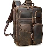 Polare 17.3 Inch Full Grain Leather Backpack for Men and Women Multi Pockets Business Travel Laptop Rucksack (Brown)
