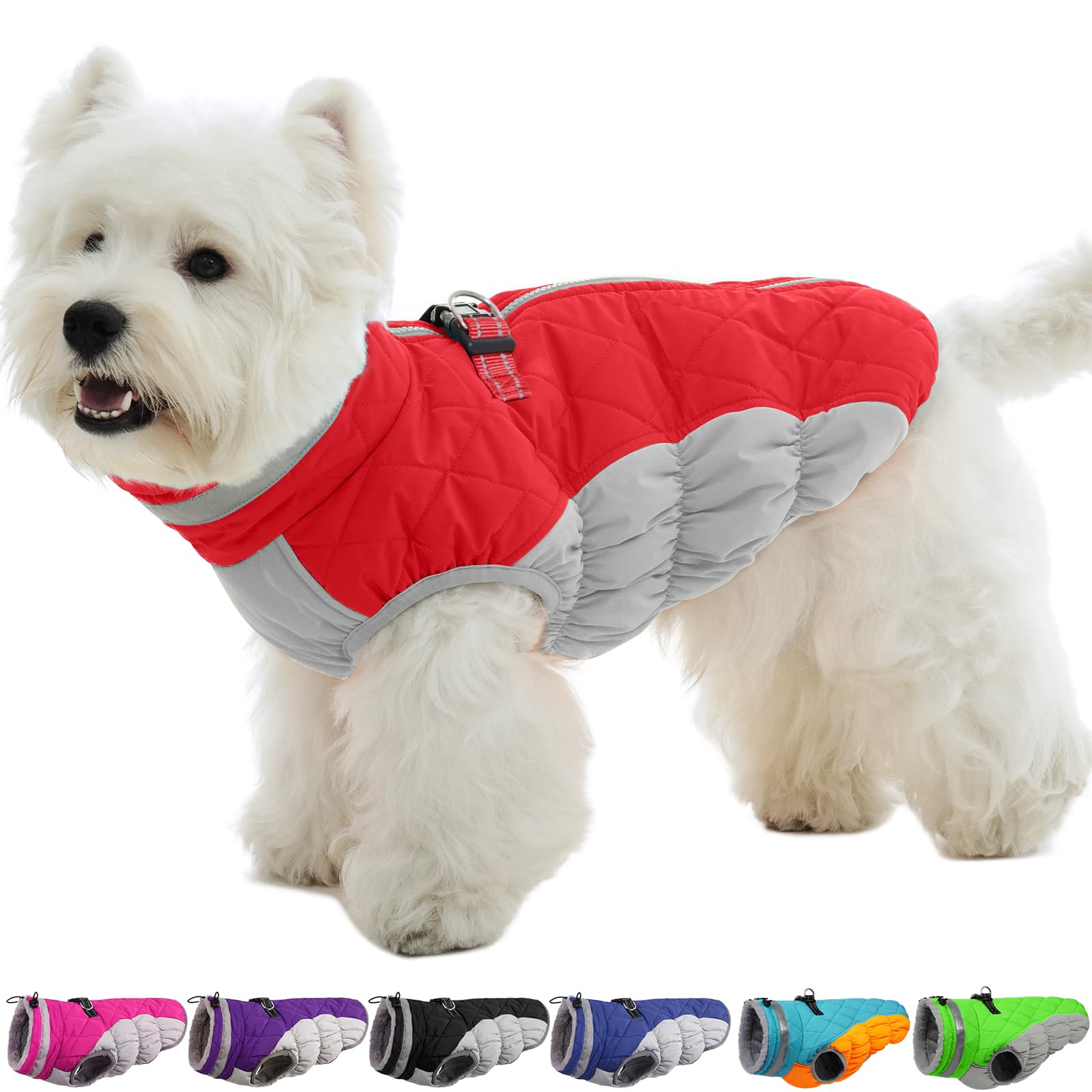 OUOBOB Dog Coat, Fleece Dog Vest with Harness Built in, Dog Cold Weather Coats, Dog Snowsuit Waterproof, Dog Coats for Small Dogs, Dog Winter Jacket Windproof, Dog Puffer Jacket Red S