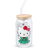 Silver Buffalo Sanrio Hello Kitty Holiday Glass Tumbler with Bamboo Lid and Glass Straw, 16 Ounces
