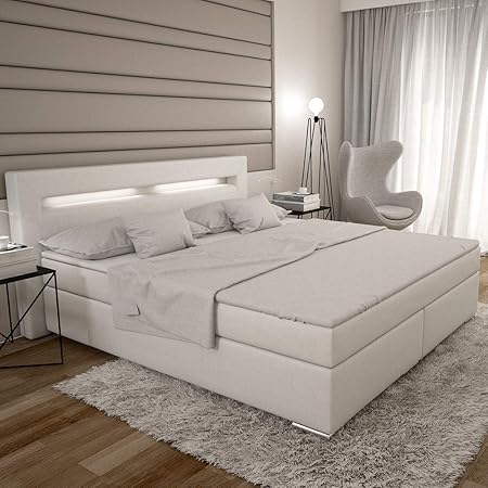 Dalian Boxspringbett 180x200 cm - weißes Polster-Bett in Leder-Optik mit integrierter LED-Beleuchtung | edles Designer-Bett i