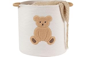 INOUGH Large Blanket Baskets for Living Room Decor, Toy Storage Baskets Woven Cotton Rope Teddy Storage Basket for Kids, Dog Toys Organizer Clothes Hamper with Embroidery Decor for Nursery (Large, Bear)