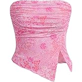 Milumia Girl's Floral Ruched Tube Top Strapless Lettuce Trim Split Hem Bandeau Tops