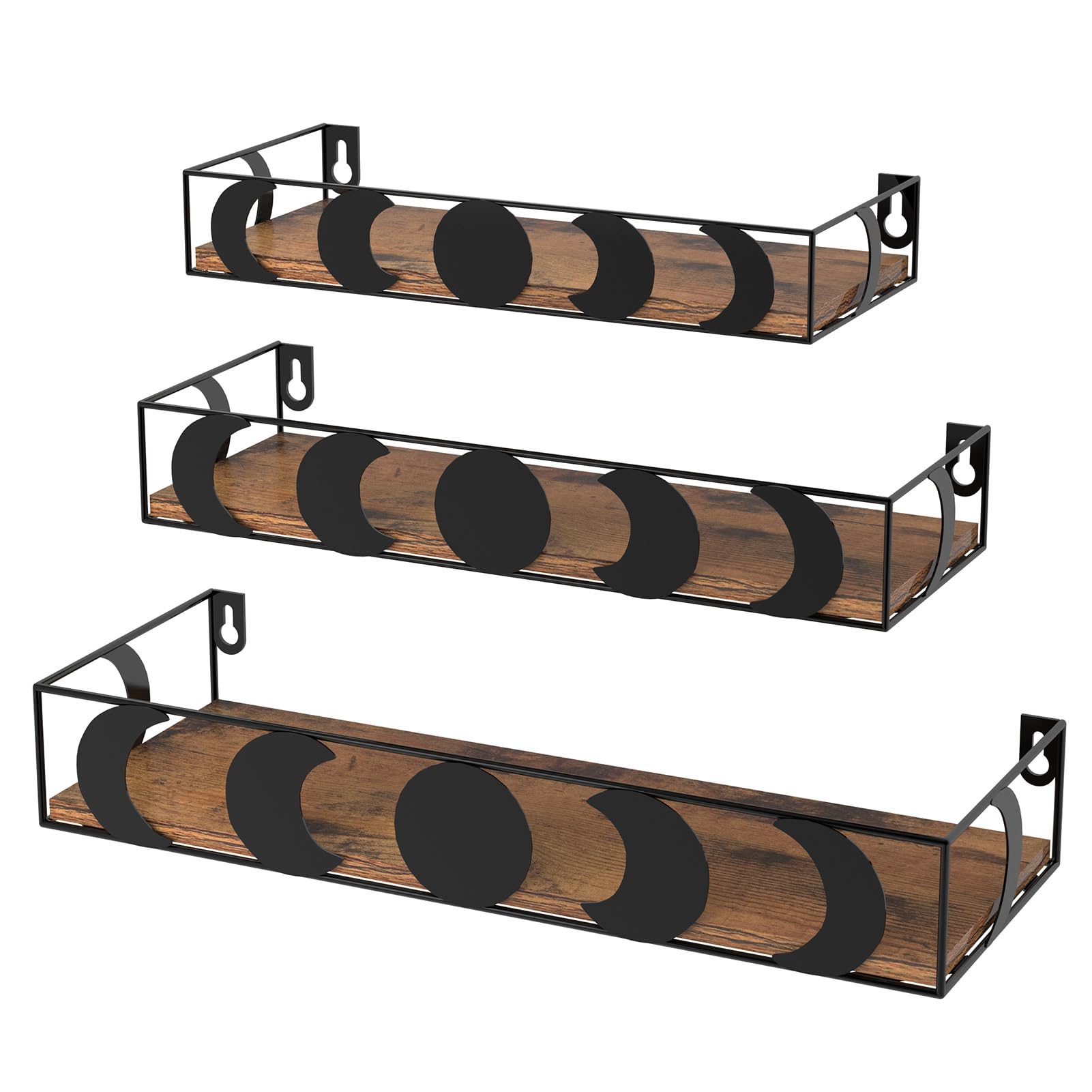Photo 1 of Serwrsw Moon Phase Wall Shelves Set of 3, Black Floating Shelves with Brown Board, Crystal Display Shelf for Witchy Wall Decor