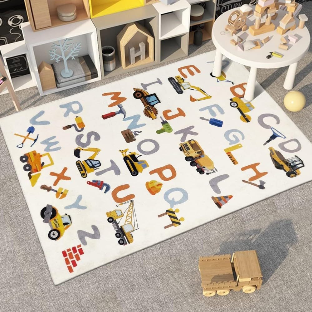 Photo 1 of Poowe Truck Kids Play Mat, Faux Wool Kids Play Area Rugs 4' x 6' Non-Slip Childrens Carpet ABC Educational Learning & Game Decor Living Room Bedroom Playroom Nursery Best Shower Gift