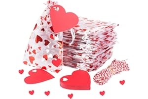 CCINEE 50pcs Heart Organza Gift Bags,4x6 Inch Red Drawstring Jewelry Pouch Bag for Valentine's Day Wedding Party Favor …
