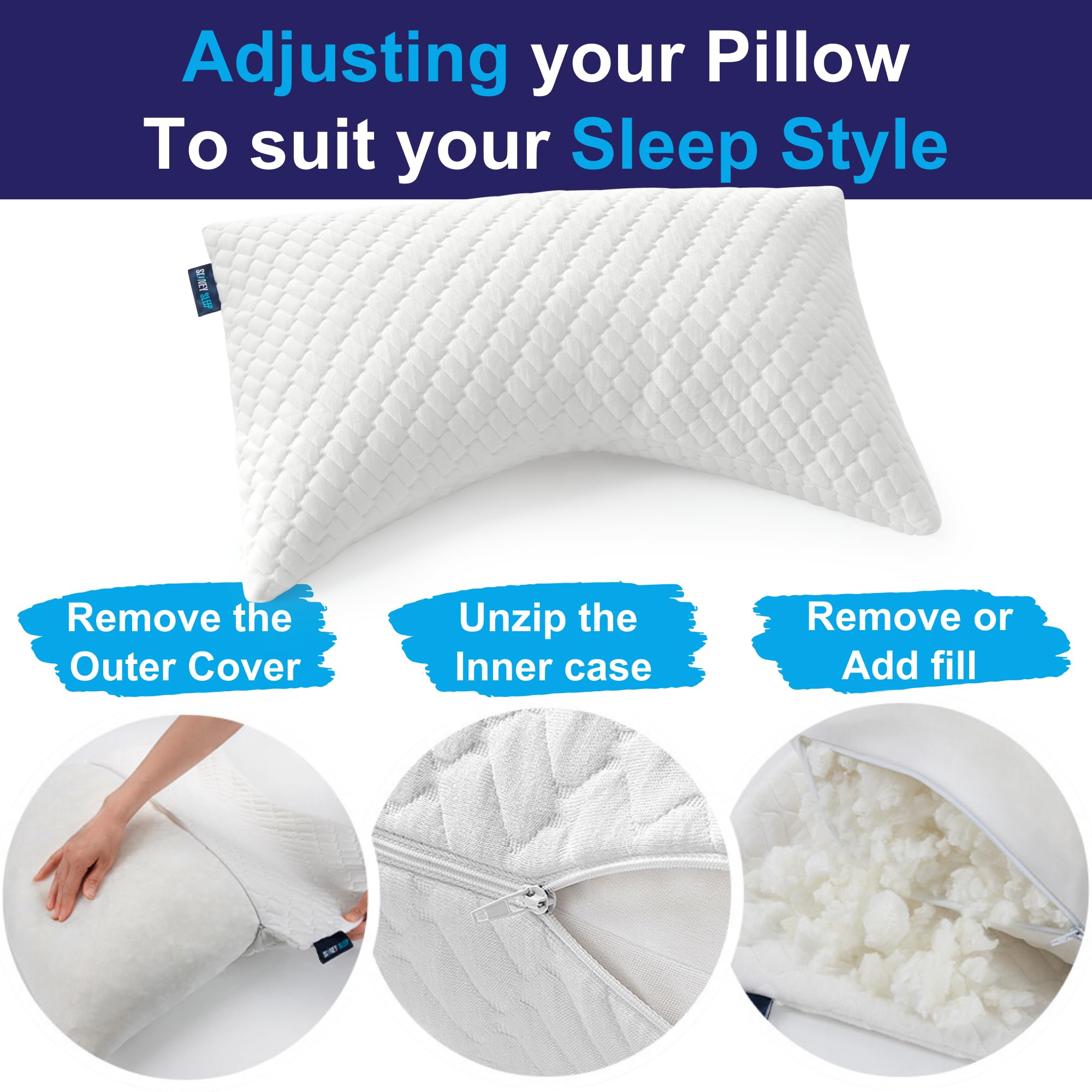 Sidney Sleep Bed Pillow for Side and Back Sleepers Adjustable Filling Memory Foam Pillow for