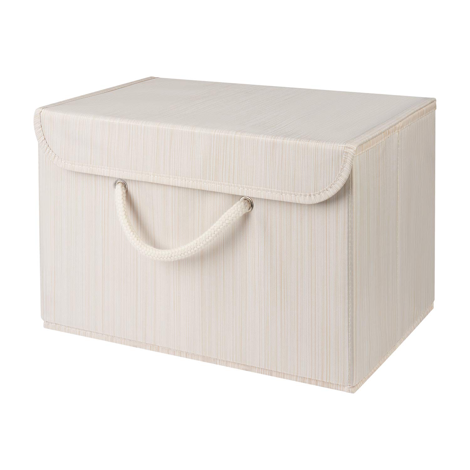 Beige Fabric Storage Box with lid. Stackable and Foldable. For wardrobes, shelves, clothes, bedroom, office, cupboard, keepsake memory box, crafts, toys, shoes, socks. Rope Handle 37x25x25cm