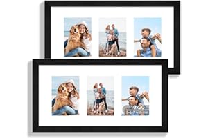 Hongkee 10x20 Picture Frame Set of 2, Rustic Black Wood Frame with Real Glass Collage Frame, Display Pictures Three 5x7 With Mat or 10 x 20 Without Mat - Horizontal or Vertical Wall Mounting