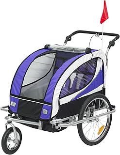 HOMCOM Kinderanhänger 2 in 1 Fahrradanhänger Kinder Jogger Anhänger 360° Drehbar für 2 Kinder lila-schwarz