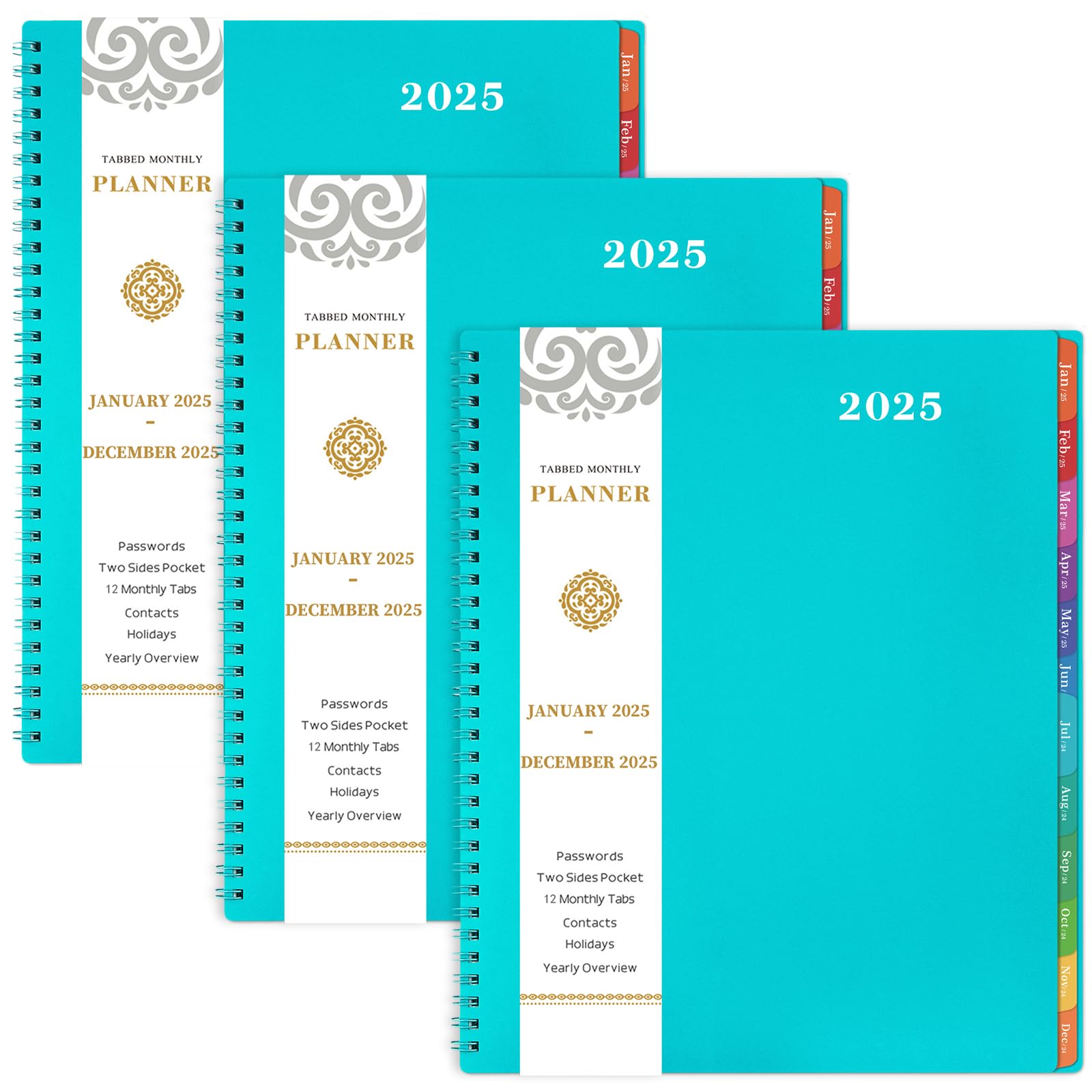 Photo 1 of Monthly Planner 2025 - JAN 2025 - DEC 2025, Monthly Planner 2025, 8.5" x 11", Monthly Planners with Tabs, Pocket, Label, Contacts and Passwords, Twin-Wire Binding, 3 Pack - Teal by Artfan
