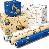 WERNNSAI Construction Wrapping Paper Rolls -3 Rolls x 10ft Birthday | Wrapping Paper Rolls Kids Boys Wrapping Paper Rolls Trucks Wrapping Paper Blue Yellow White Gift Wrapping Paper with Cut