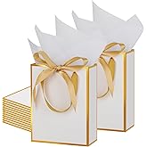OEMVALATY 10 Pcs Metallic Gift Bags with Handles Tissue Paper and Bow Ribbon 9 x 7 x 3. 15'' Thank You 5 Senses Gift Bags for Him Her Wedding Bridesmaid Baby Shower Anniversary Birthday(White, Gold)