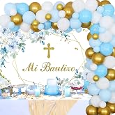Baptism First Holy Communion Party Decor Banner Balloon Garland Arch Kit | Blue Mi Bautizo Backdrop for Boy Baby Shower God Bless Christening Confirmation Religious Party Supplies