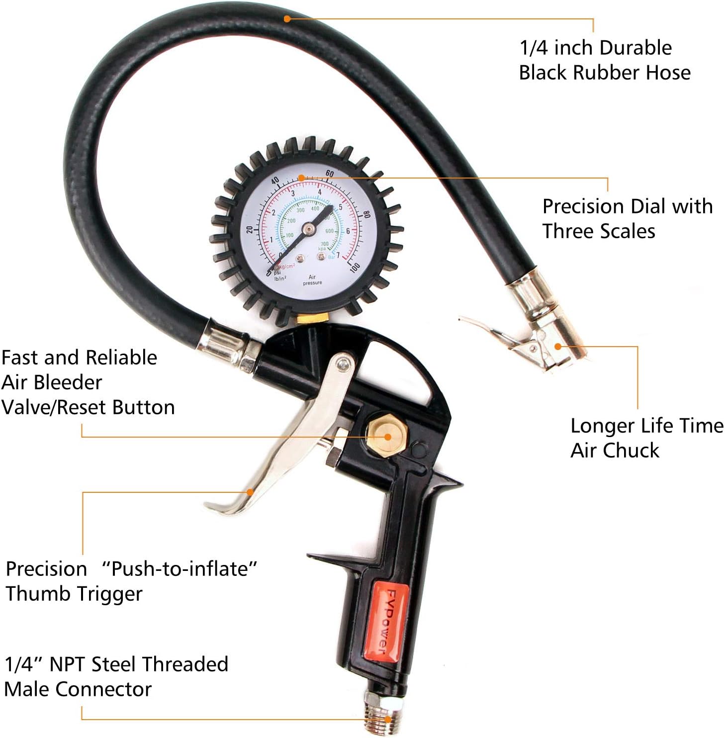 FYPower 22 Pieces Air Compressor Accessories kit, 3/8 inch x 25 ft Hybrid Air Compressor Hose Kit, 1/4" NPT Quick Connect Air Fittings, Tire Inflator Gauge, Heavy Duty Blow Gun, Swivel Plugs - - 