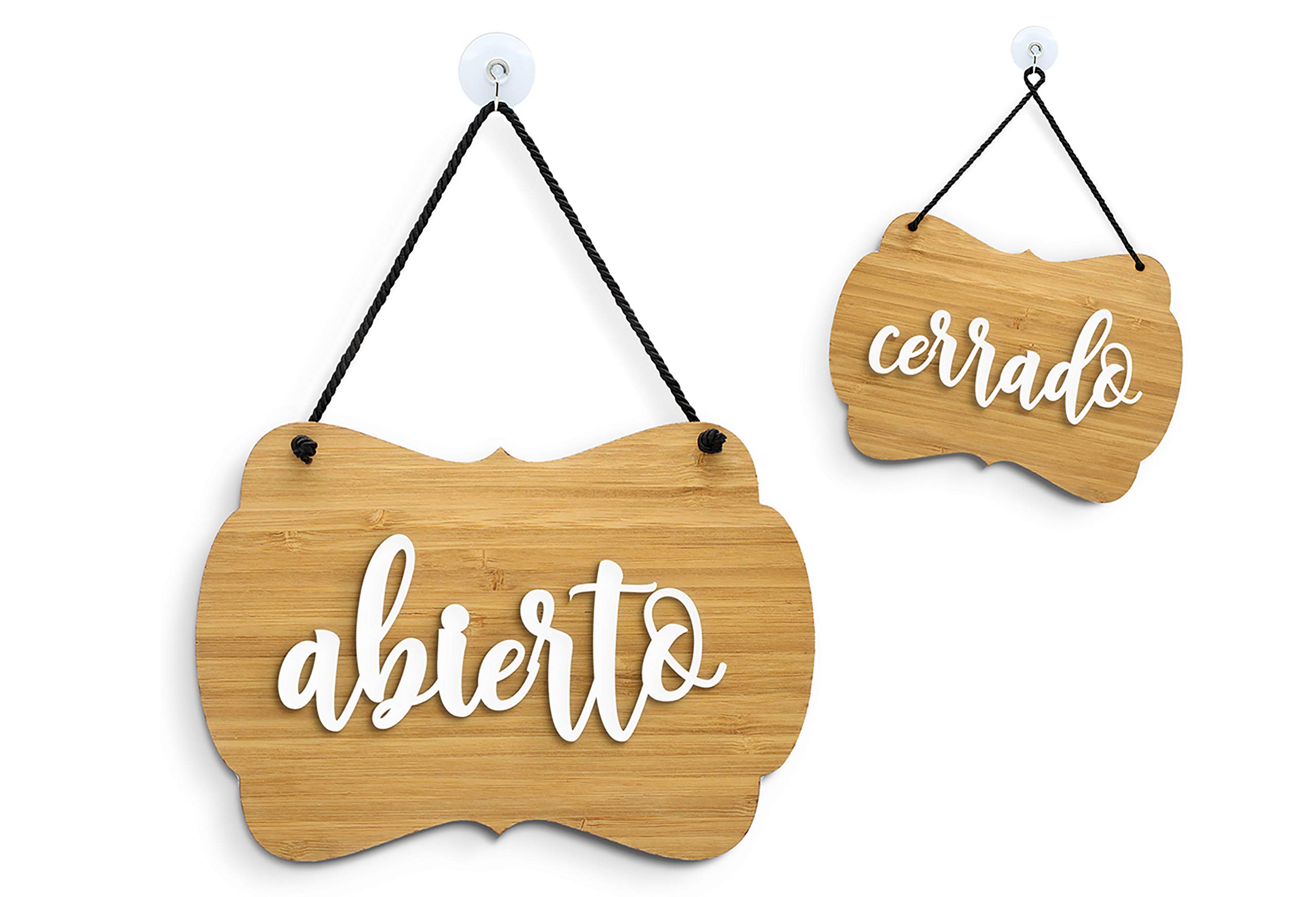3DP Signs - Bamboo Shabby Chic Abierto/Cerrado Door Sign OC09 - Spanish Double-Sided Hanging Door Plate - Reversible Open Closed Business Shop Window Sign for Bars, Pubs, Restaurants and Shops