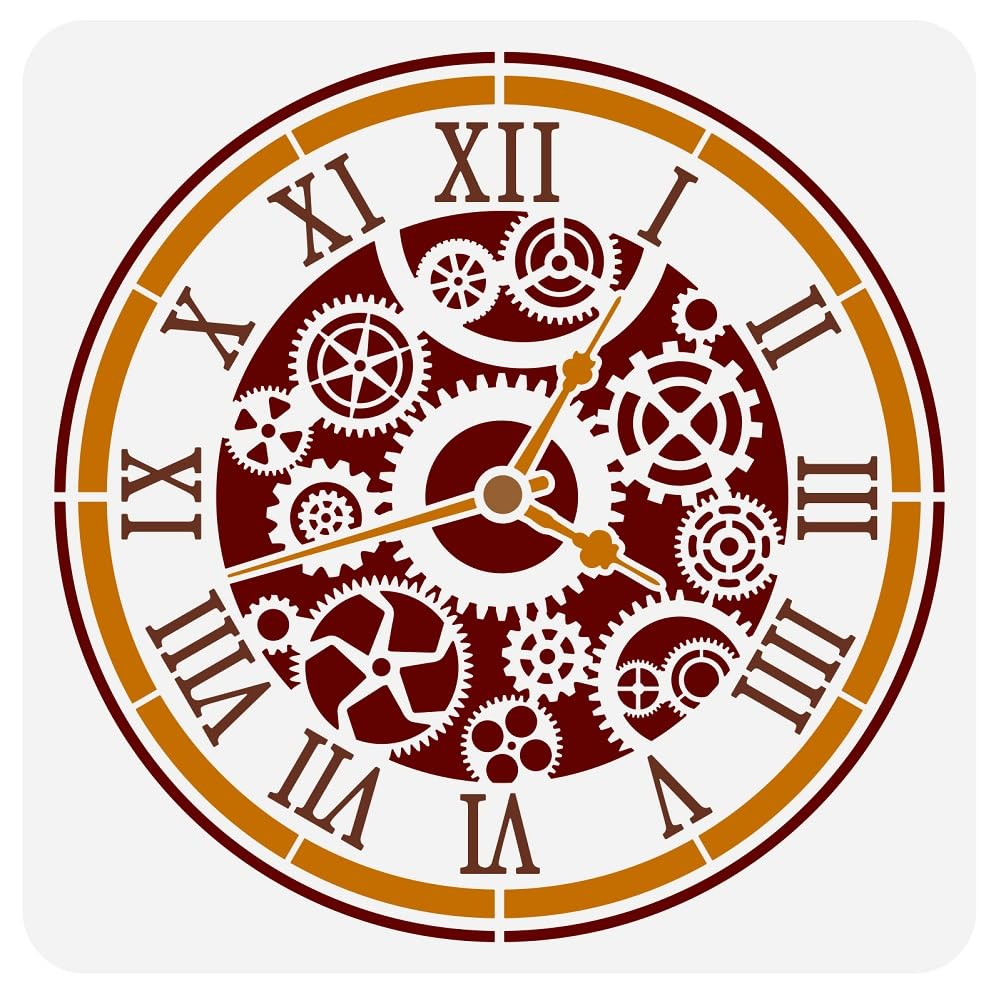 FINGERINSPIRE Cyborgpunk Gear Clock Stencil 30x30cm Reusable DIY Pattern Template for Painting on Wood Wall Fabric Paper Furniture