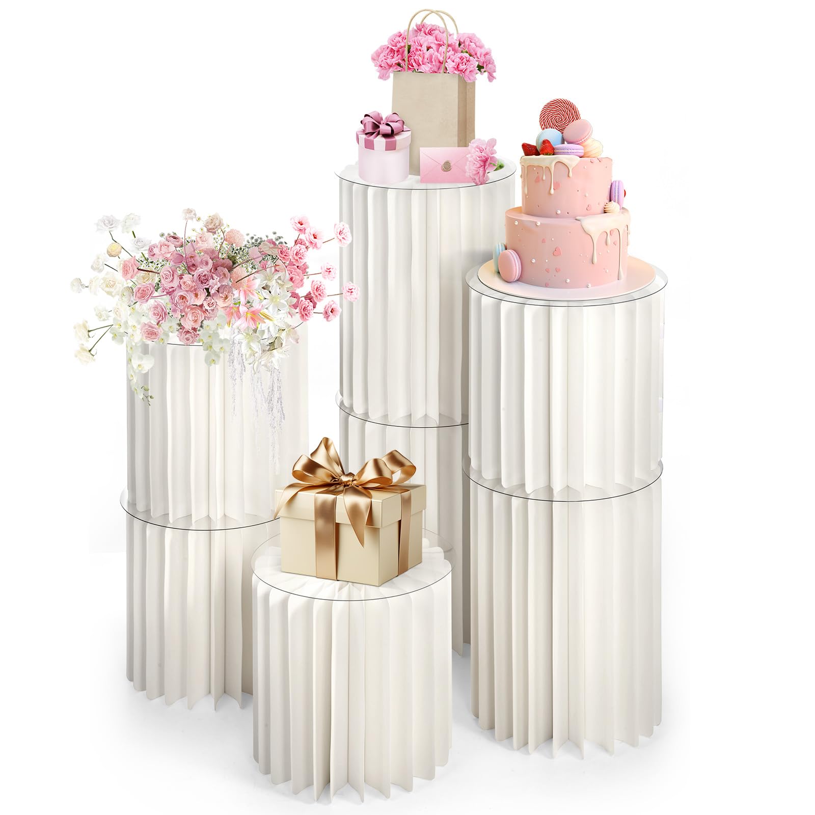Photo 1 of **Missing---PARTIAL SET---**Dyna-Living Cylinder Stands for Party 7PCS Foldable Cylinder Pedestal Stands Display for Wedding, Cake Pedestal Stand with Acrylic Plate, Round White Cylinder Column Table Roman Pillar for Wedding