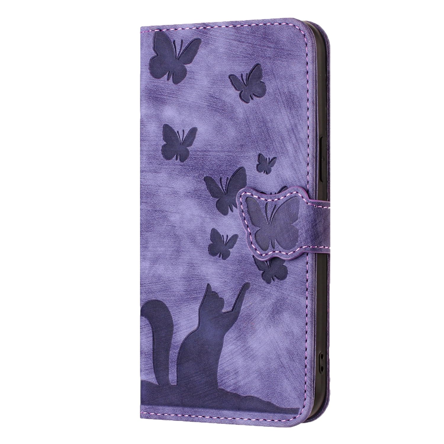 Wuhaizher for iPhone 16 Pro Case Butterfly Cat Shockproof PU Leather Wallet Phone Case for Girls with Card Holder Folding Stand Magnetic Protect Flip Cover for iPhone 16 Pro, Purple