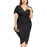 ZOMVA Plus Size 0X-4X Sparkly Glitter Ruched Bodycon Midi Dress Sparkle Sequin Wrap Ruffle Sleeve Dress Cocktail Party Formal