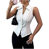 SOLY HUX Women's Striped Button Down Blouse Collar V Neck Sleeveless Split Hem Top