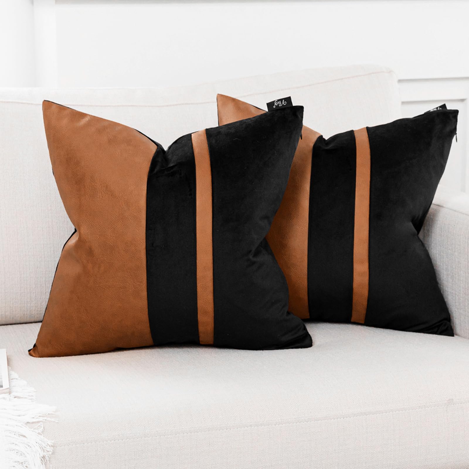 Photo 1 of Vfuty Set of 2 Black and Brown Decorative Throw Pillow Covers 20x20 Inch Faux Leather and Velvet Patchwork Pillow Cover,Modern Farmhouse Accent Pillow Case for Living Room Couch Bed Boho Home Decor