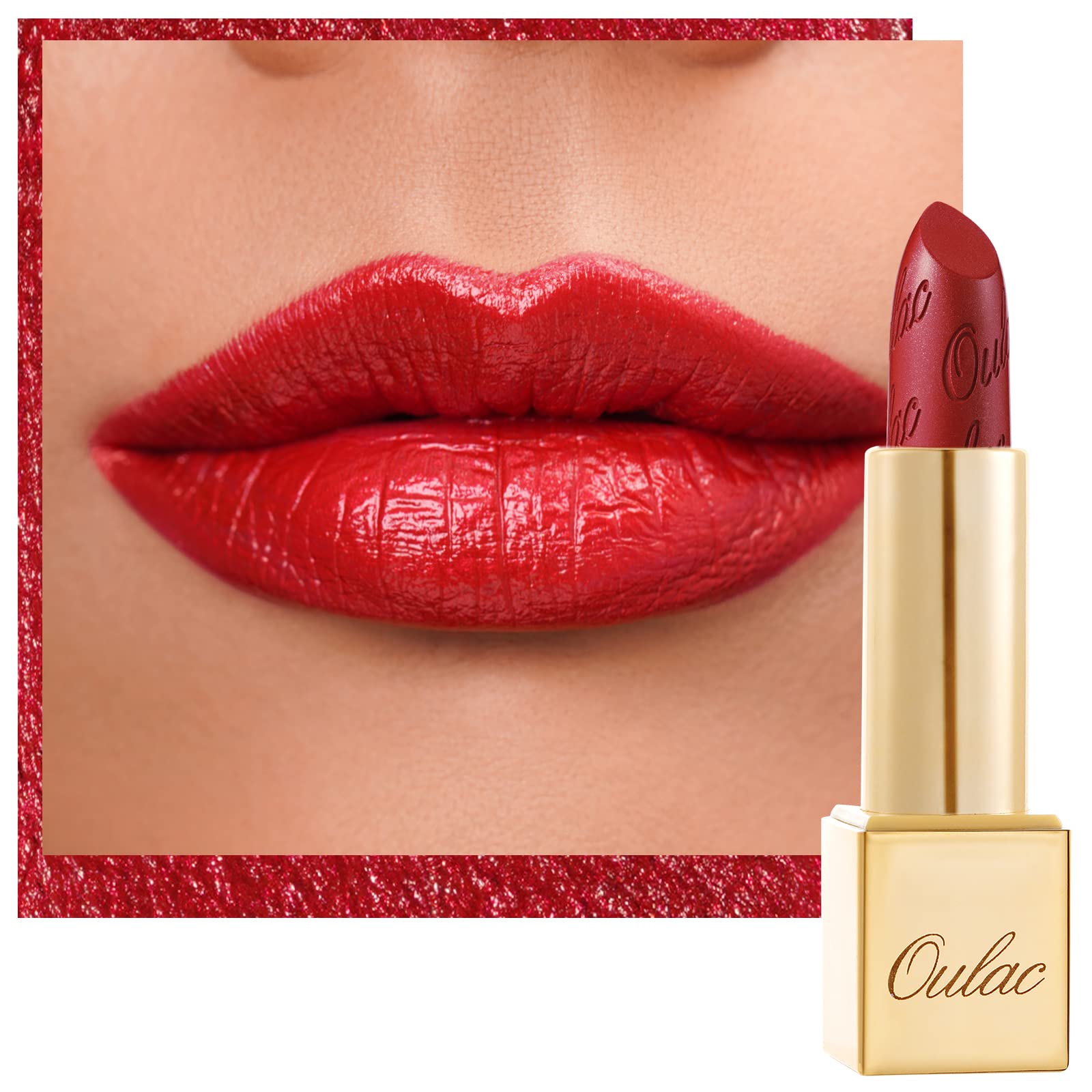 OULAC Metallic Shine Glitter Lipstick, Red High Impact Lipcolor for Christmas, Lightweight Soft and Ultra Hydrating, Long Lasting, Vegan Full-Coverage Lip Color 4.3 g/0.15 Cherry Bomb(12)