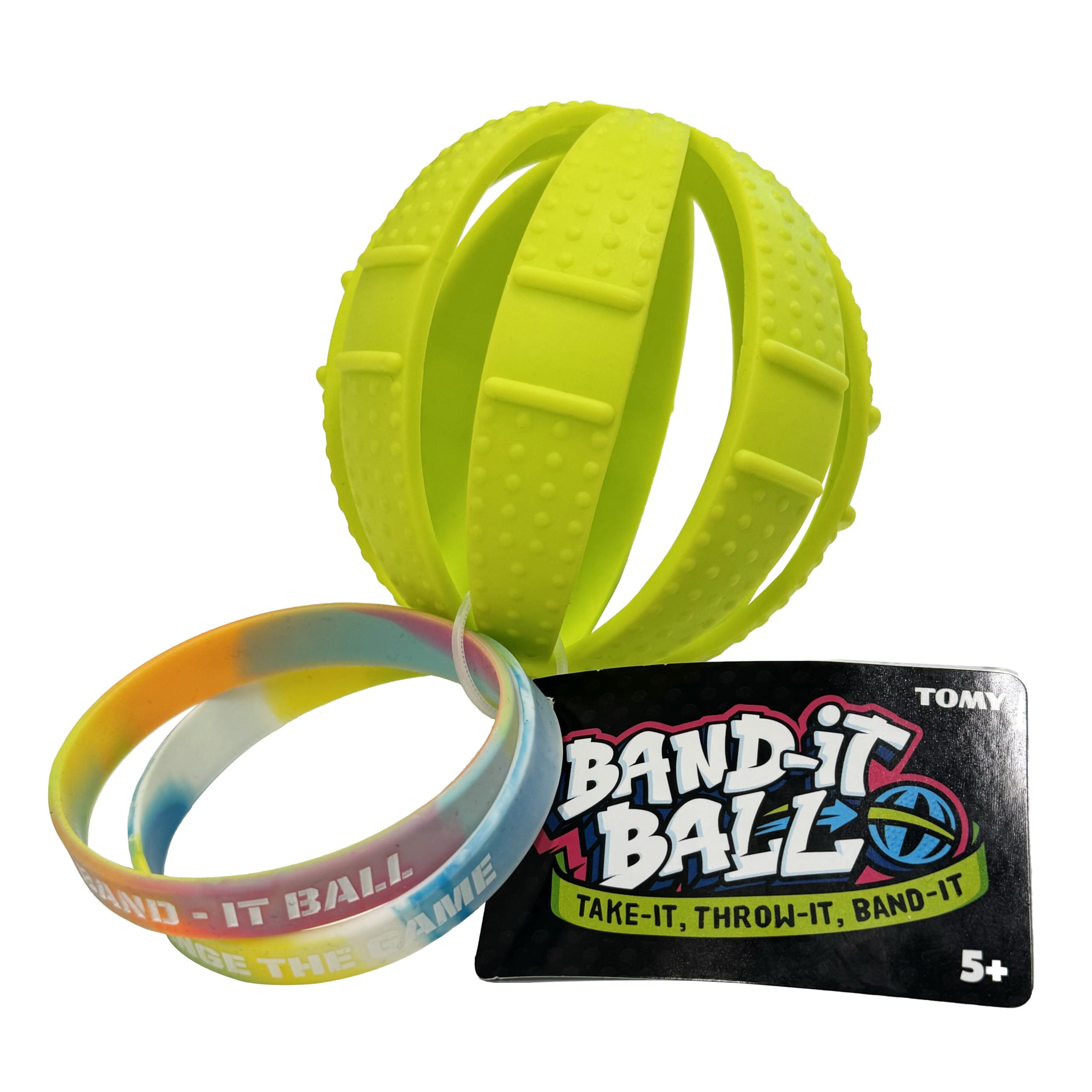 TOMY Band-it Ball 3-in-1 Ball Toy, Use the Bands to Transform Round Ball into a Rugby Ball Shape, or a Disc Shape - Indoor and Outdoor Kids Toys for +5 Years - Ball Toys for Boys and Girls