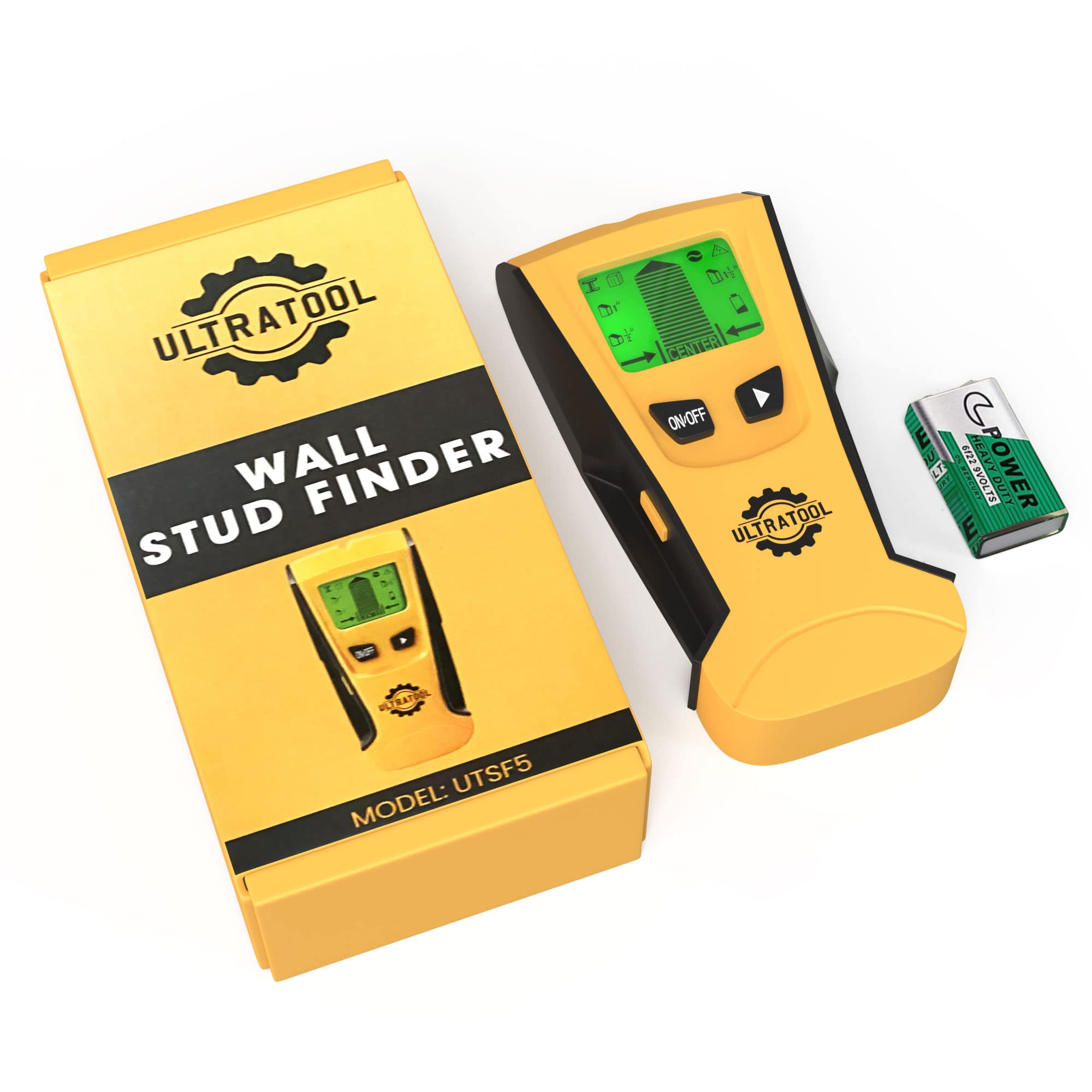 ULTRATOOL 5-in-1 Stud Finder Wall Scanner – LCD Display, Audio Alarm – Wood, Metal, AC Wire & Cable Detector – Extra 9V Battery Included – Center Finding Sensor – 12-Month Warranty