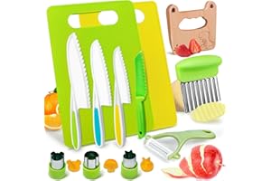 EUNVABIR 12Pcs Kids Knife Set for Real Cooking, Montessori Kitchen Tools for Toddlers, Plastic Safe Cooking Utensils with Knives Crinkle Cutter, Cutting Board Dinosaur Wooden Knife Fruit Sandwich Peeler Molds