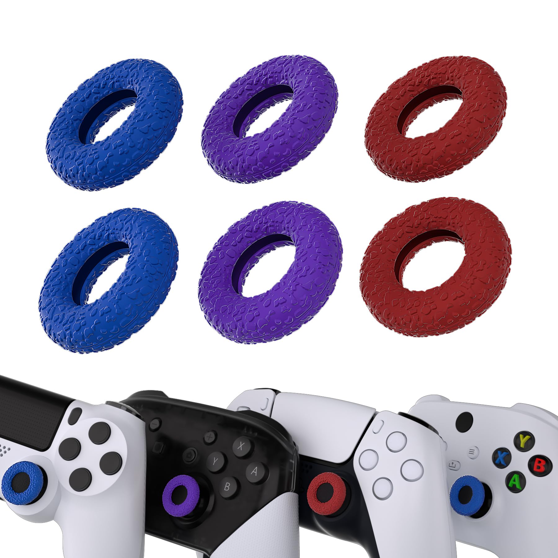 PlayVital Upgraded Silicone Precision Rings, Aim Assist Motion Control for ps5, ps4, Edge, Xbox Series X/S, Xbox One, Switch Pro Controller - Durable Anti-Slip Donut Thumbstick Rings, Red/Blue/Purple