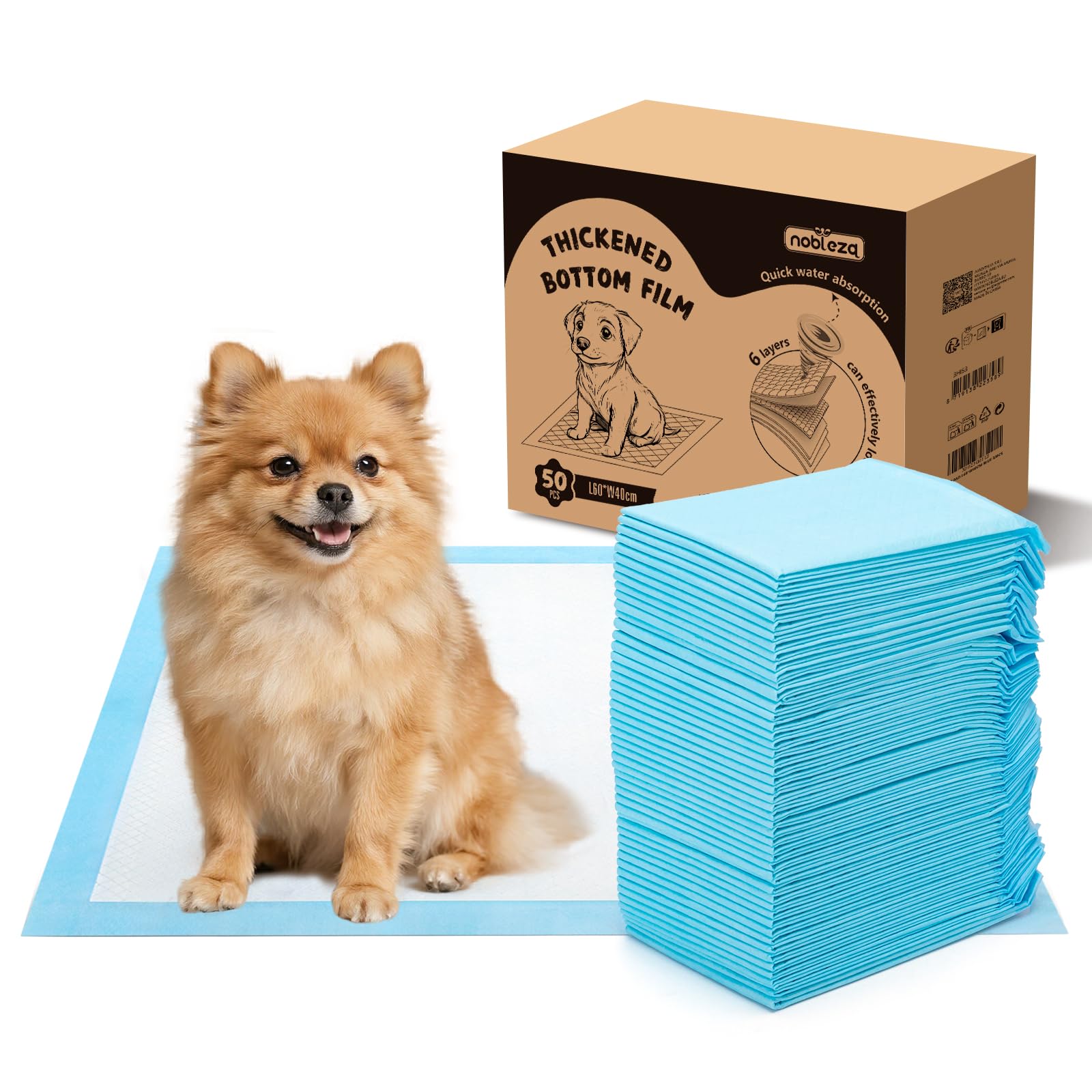 Nobleza Puppy Pads 50 Pack 60x40cm, Super Absorbent Pet Dog Puppy Training Pads Small, Leak-Proof 5 Layers Pet Pee Pad Mats, Dog Toilet Wee Pad, Disposable Incontinence Dogs Potty Training Mats
