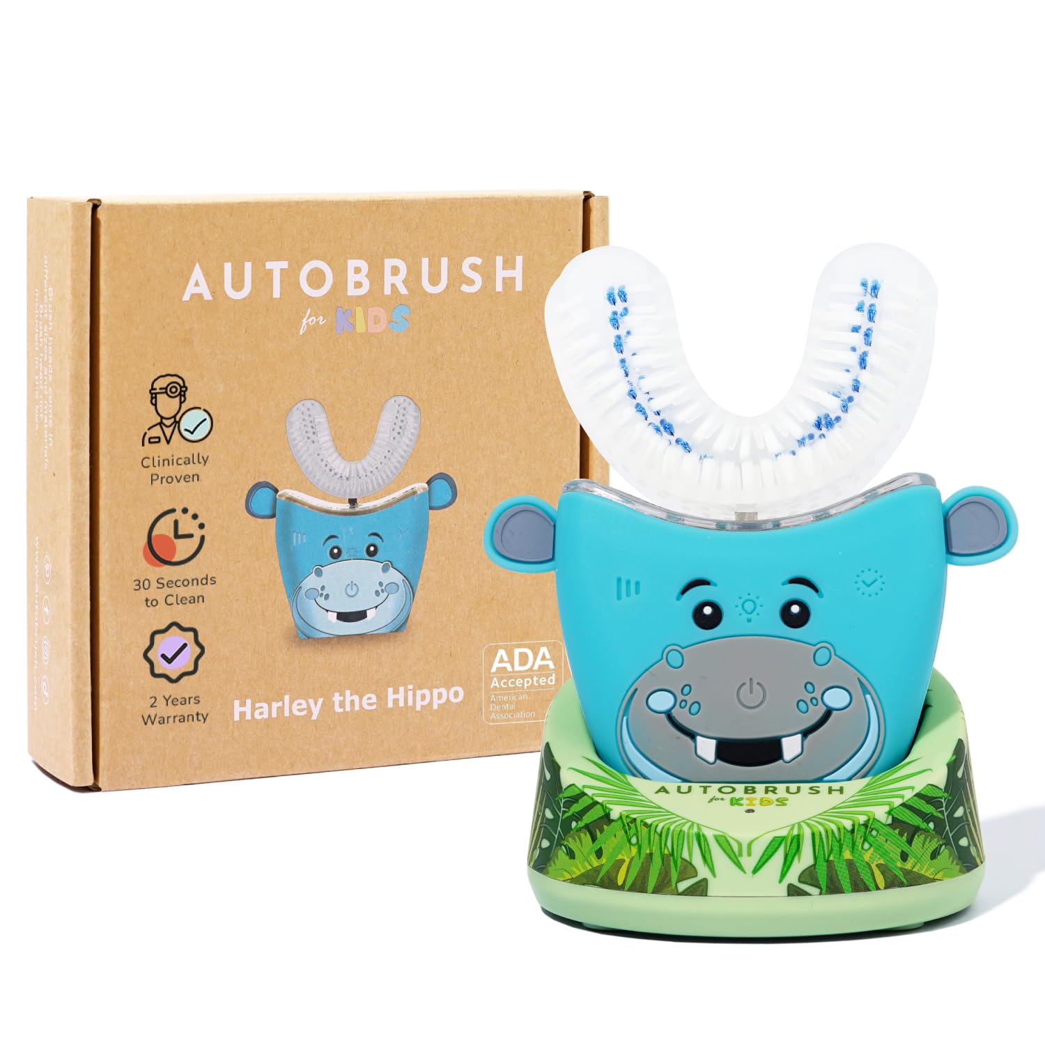 Photo 1 of autobrush Kids Electric Toothbrush – Only ADA Accepted U-Shaped Toothbrush, Clinically Proven Up to 5.1X Better Cleaning, 30 Seconds, Full-Mouth 360 Coverage, LED Lights, Music, Ages 6-8, Hippo