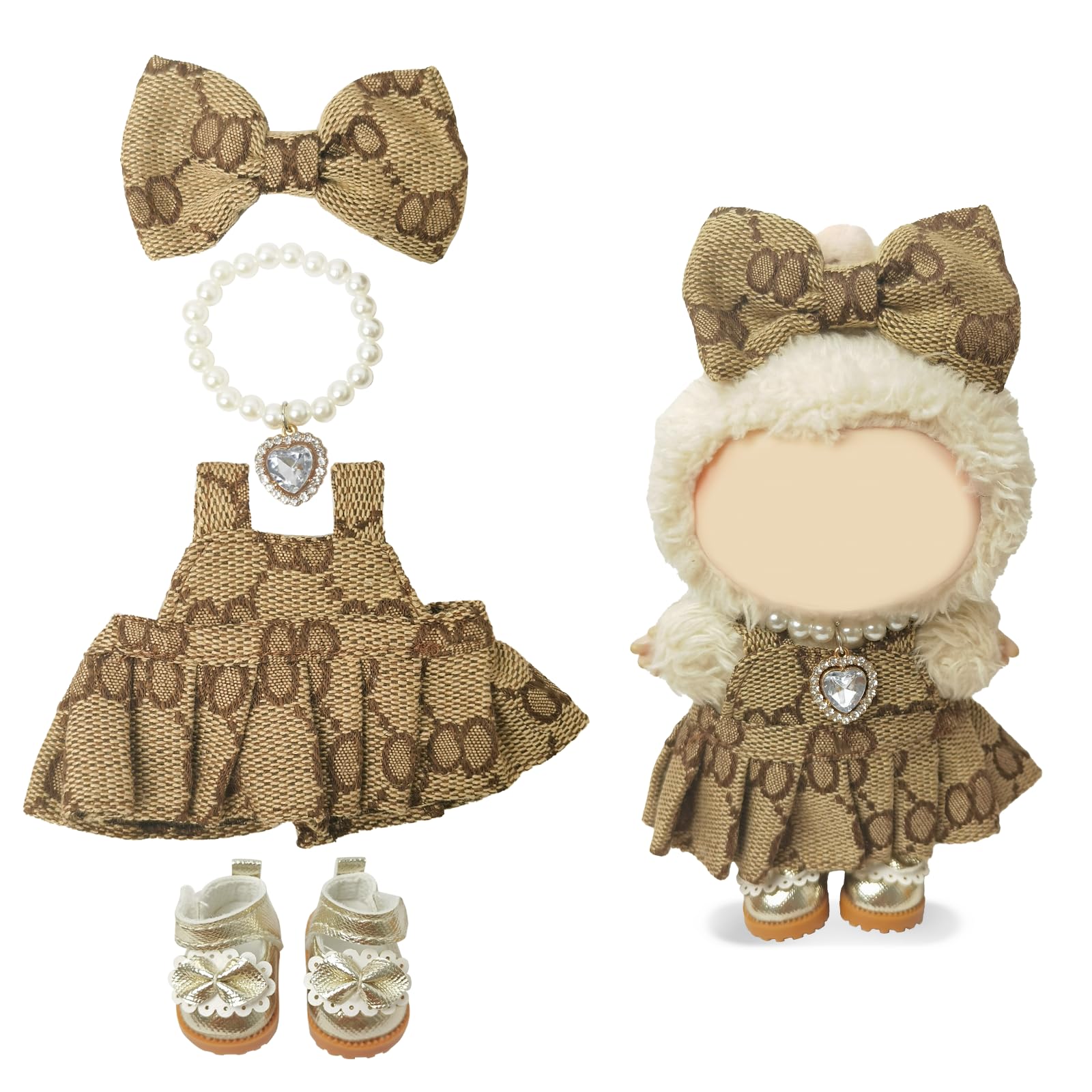 Clothes Compatible with LABUBU Doll - 4PCS Classic Set, 17cm Doll Clothes Designer Outfit for Elegant Vintage Theme, Stylish Luxury Accessories for Labubu, No Doll (Mocha Pearl Classic)